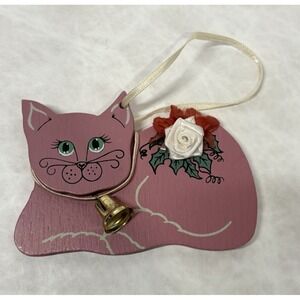 Vintage Kurt S Adler Holly Adler 1988 Pink Wooden‎ Cat Ornament Hand Painted